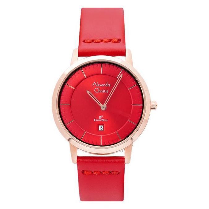 Jam Tangan Wanita Alexandre Christie Classic Steel AC 8639 LD LRGRE Ladies Red Dial Red Leather Stra