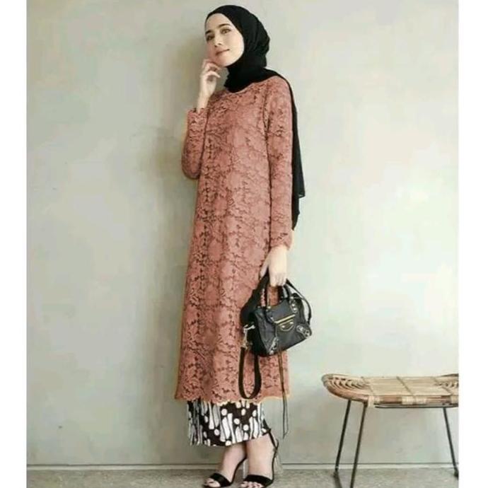 Dress Kebaya tunik modern farah 2 dg rok elegant brukat biru benhur elektrik FM