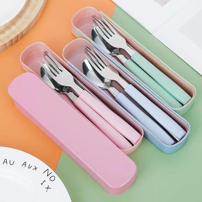 Beserta Box Dus Packaging Set 3 in 1 Sendok Garpu Sumpit Portable Travelling Alat Makan Bahan Stainl