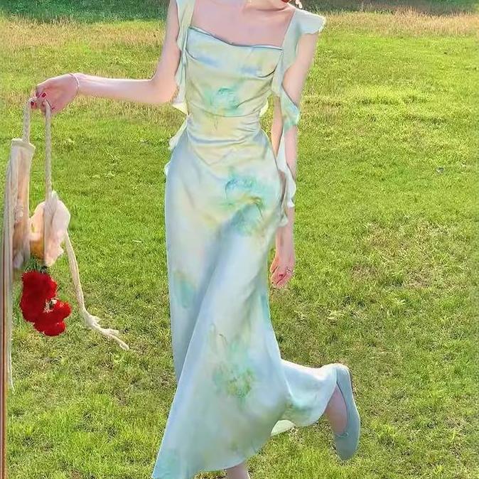New 958  Sage Green Beach Dress For Woman Summer Korean Fairy Halter Sleeveless Floral 2Xl Long Dres