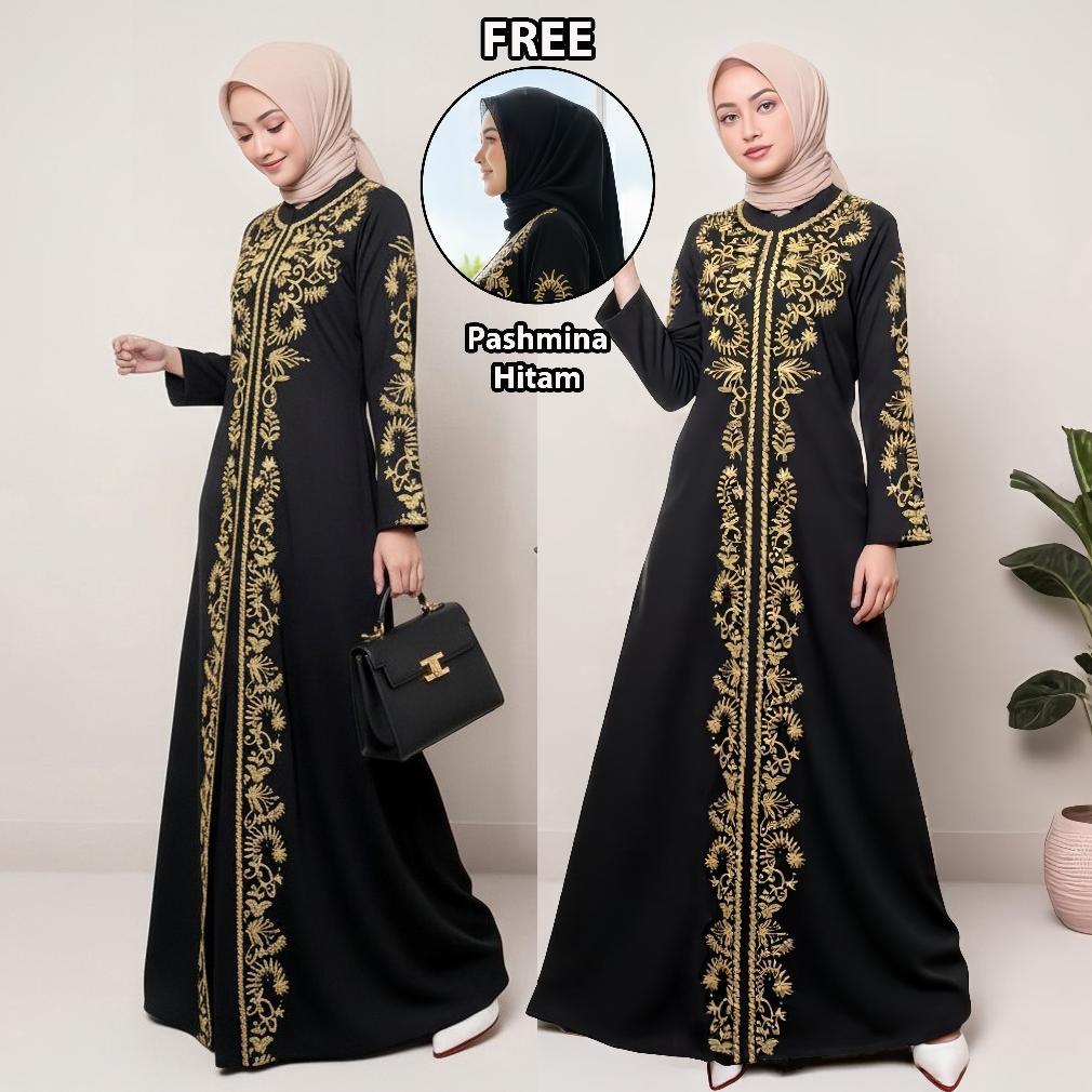 BEST SELLER BAJU GAMIS ABAYA TURKEY 213 BORDIR GOLD HITAM DUBAI TURKI ARAB SIZE S M L XL LD 100 105 