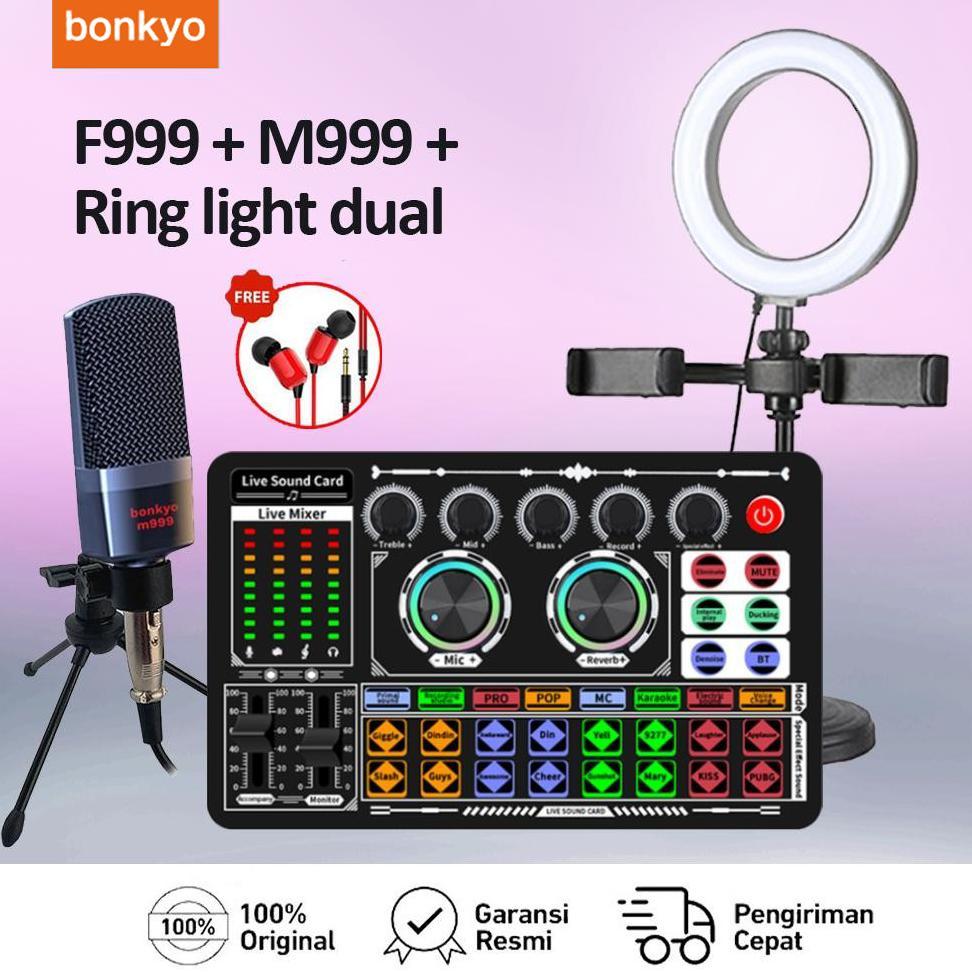 Bonkyo F999 Sound card + M999 mikrofon + lampu isi Peralatan audio set lengkap mikrofon kartu suara 