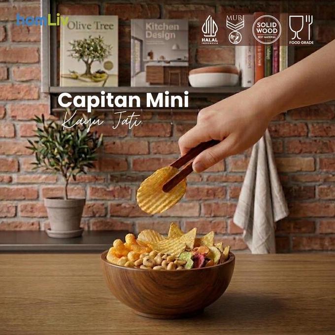 homLiv Capitan Capitan Mini Makanan Kayu Jati 13 Cm Capitan Mini Wooden Tongs Capitan Foodgrade