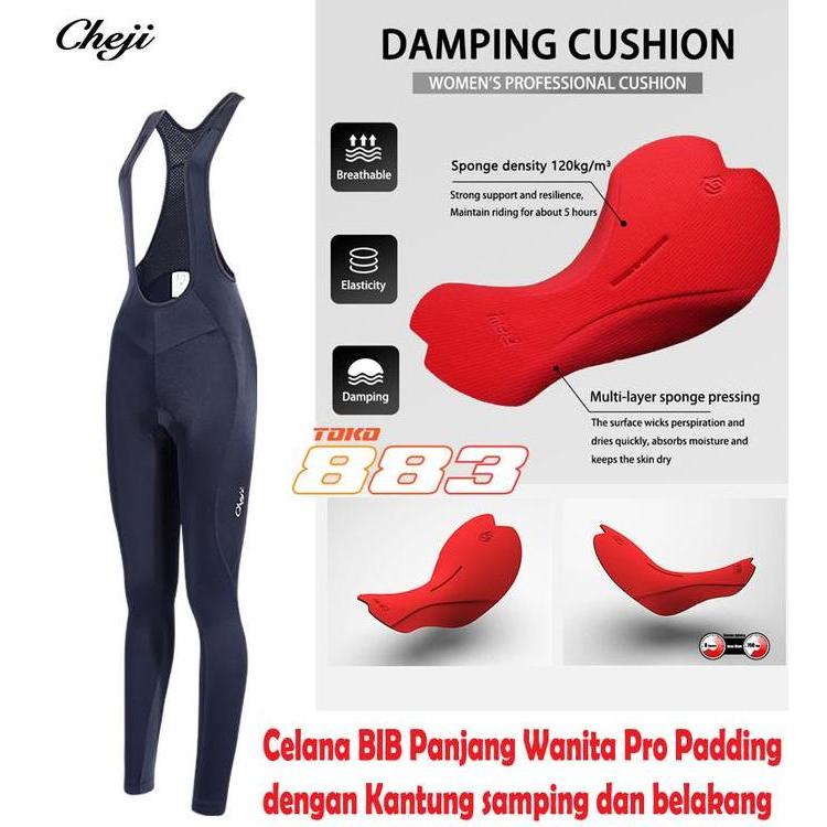 CHEJI Celana Sepeda BIB Panjang Wanita Kantong - Pro Padding - Phillo