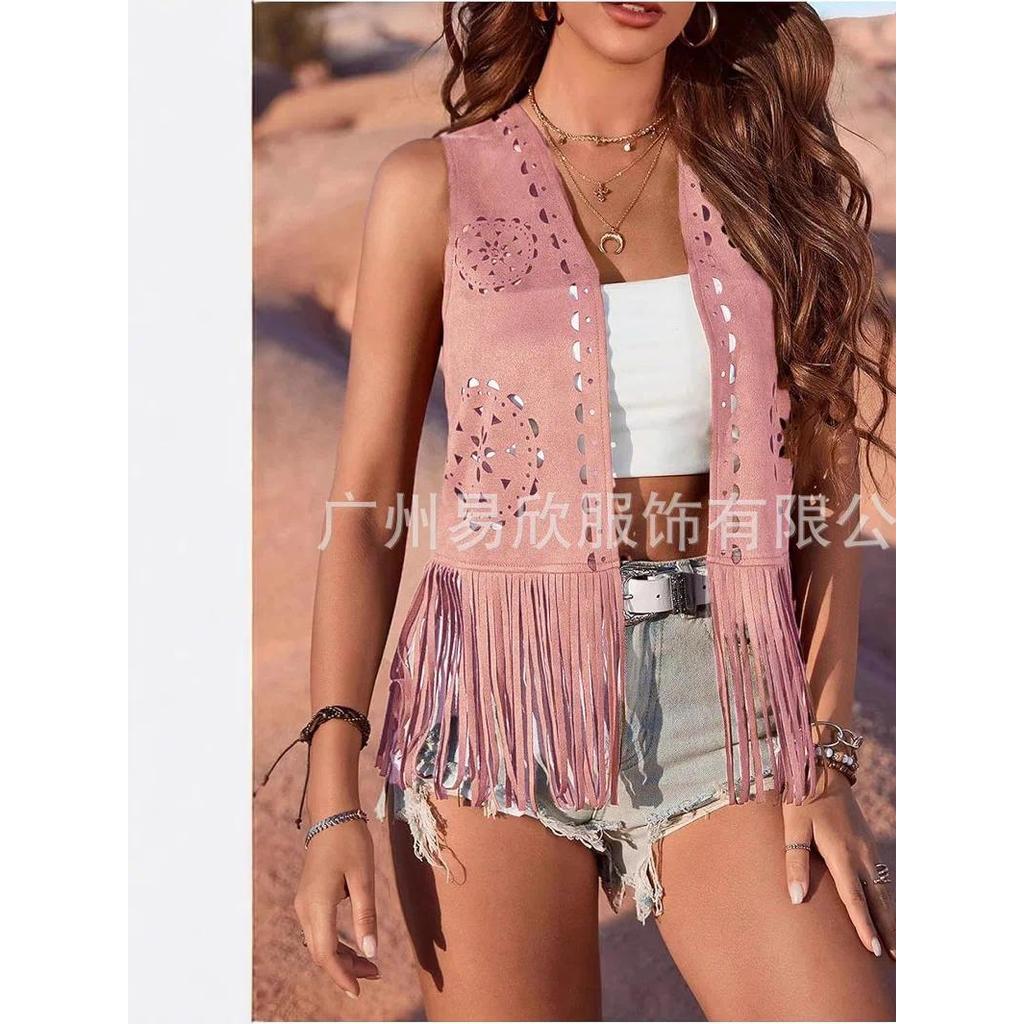Western Fringe Vest for Women - Vintage Faux Suede Waistcoat with Tassel Trim, Boho Hippie Open Fron