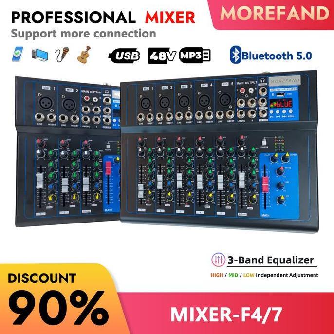 F4/7 Profesional Mixer, Sound Card Console, 4/7 Channel 3 Band Equalizer, Bluetooth, USB, MP3, Konek