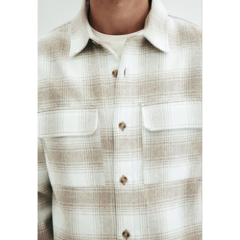 Hot Deals Hm Overshirt Shacket Flannel Pria Original Beige Plaid Kemeja Kotak-Kotak Tebal Premium Ke