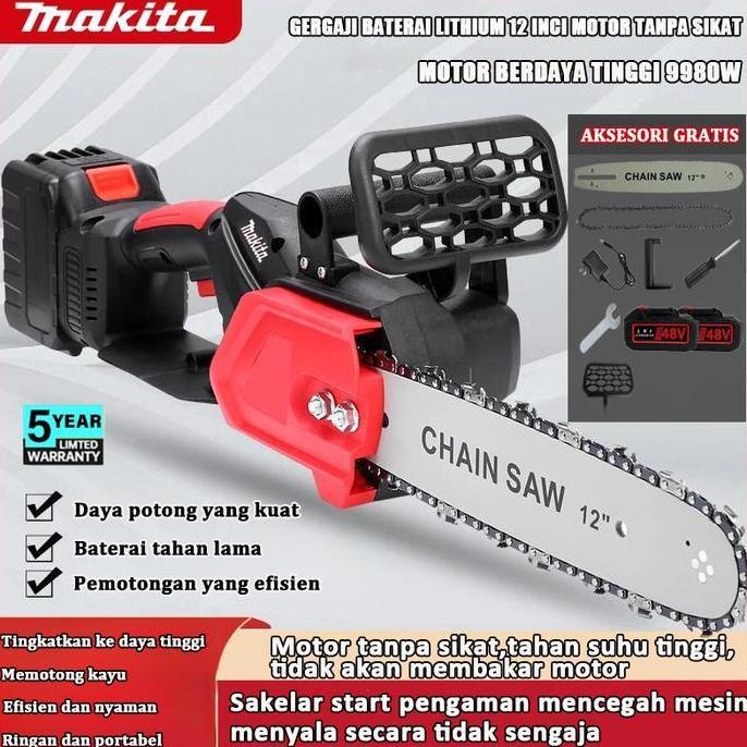 HILYAWN Garansi 5 tahunMAKITA Chainsaw mini 12 Inch Chainsaw Chain Saw Cordless 2 baterai Cordless C