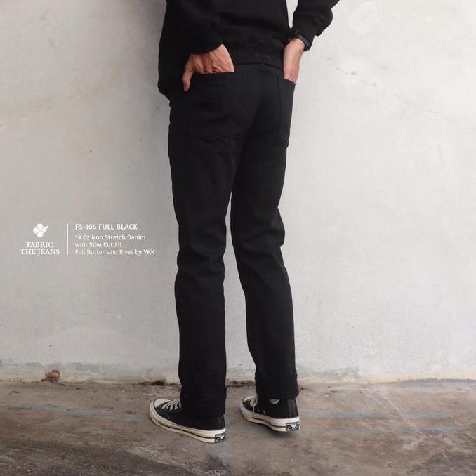 FTJ/ Fabric The Jeans - FS-105 Full Black Non Stretch Slim Cut 14 Oz Denim Casual Pria