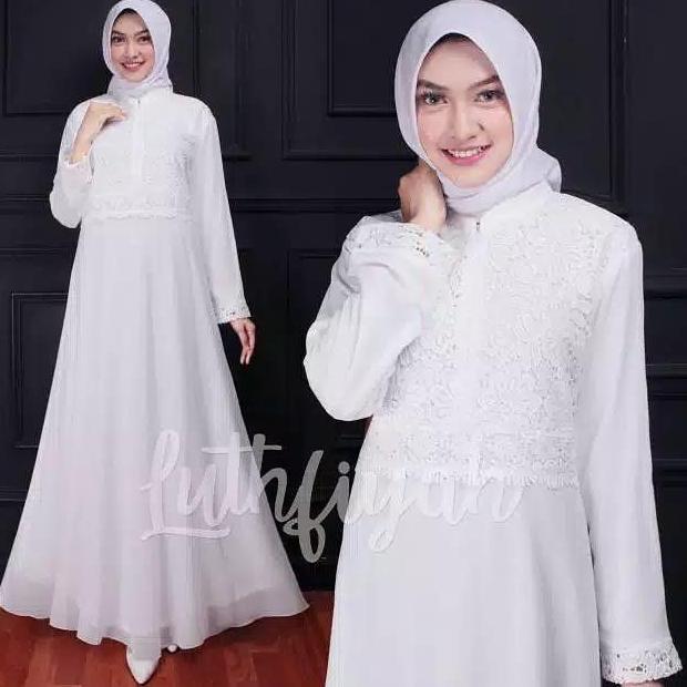 Luthfiiyama Gamis Ceruty Model Payung Cantik Mewah Polos Bunga Putih Kancing Muslim Panjang Nyaman P