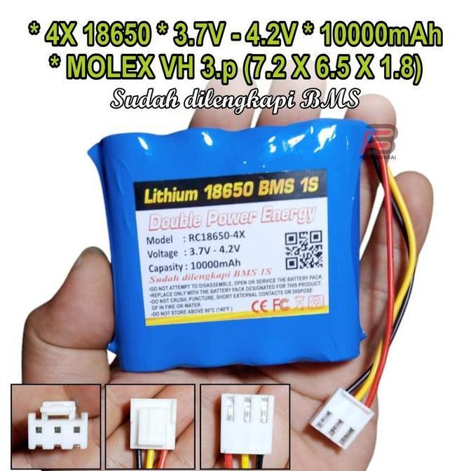 Homeme- Baterai Lithium 18650 3.7V Maxs 4.2V 10000Mah, Batre Speaker,Batre Edc Soket Molex Vh 2 Pin 
