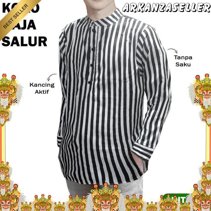 Baju Koko Muslim Garis Salur Hitam Putih Lengan Pendek Lengan Panjang Casual Ganjar Pranowo Atasan H