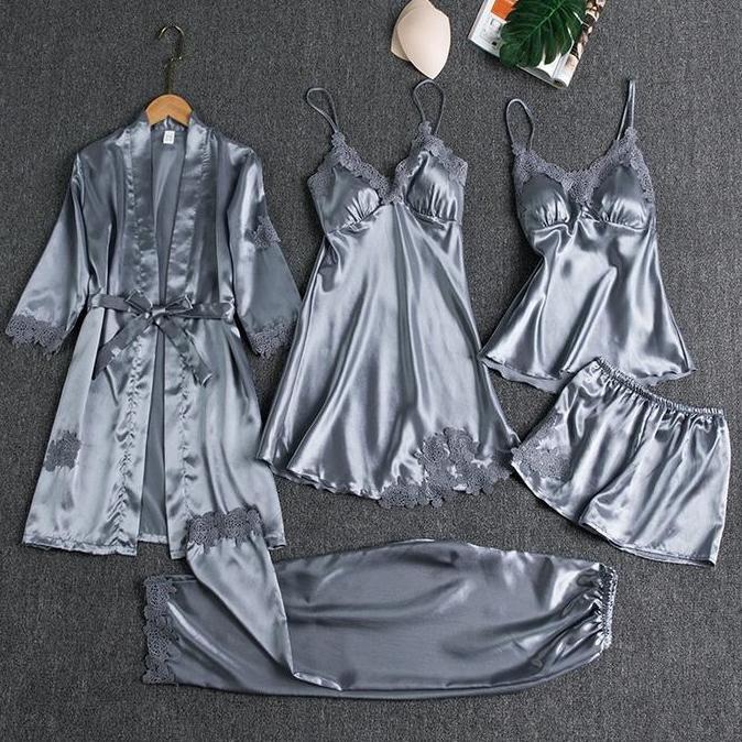Vestito- Fs Baju Tidur Piyama Set Kimono 5 In 1/ Baju Tidur Lingerie Satin Nita / Piyama 2 In 1 / Pi