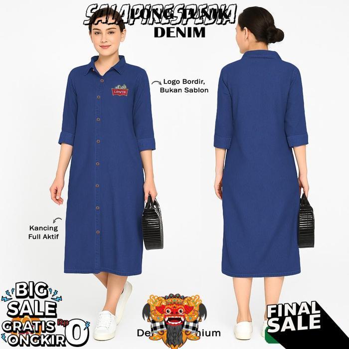 Long Tunic Jeans & Denim Baju Tunik Lengan Panjang Wanita Full Kancing Motif Lucu Logo Bordir Big Si