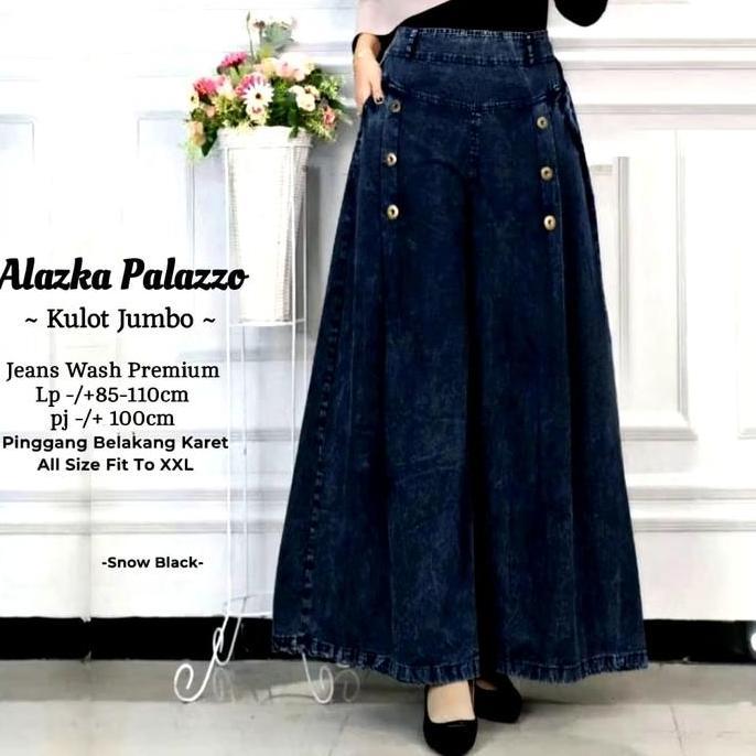 Mavelasikan_ - Alazka Palazzo Celana Kulot Jeans Jumbo Wanita Snow Black Bahan Lembut Nyaman Pinggan