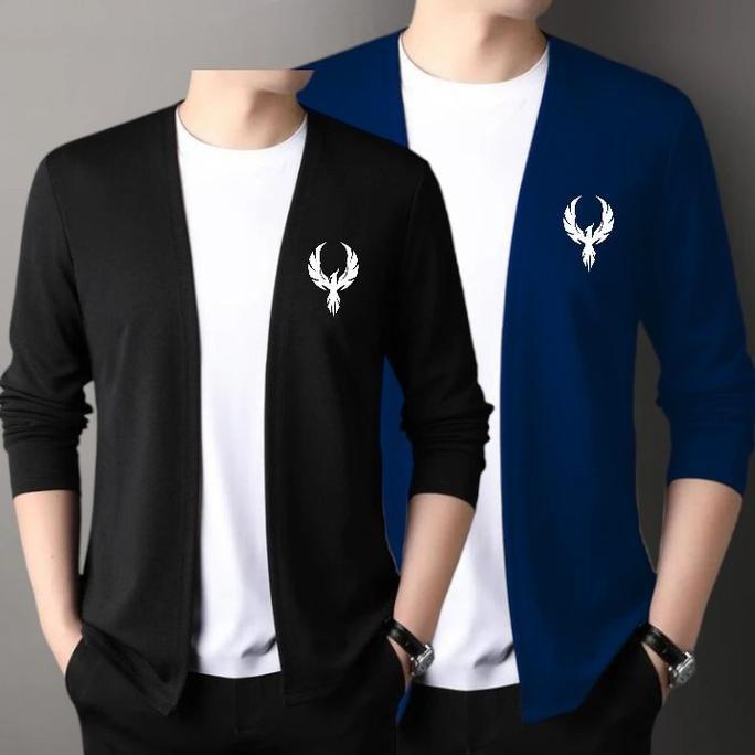 New Paket 2 Pcs Kaos Lengan Panjang Cardigan V-Neck Sablon Atasan Rajut Pria Jahitan Mode Dua Badan 