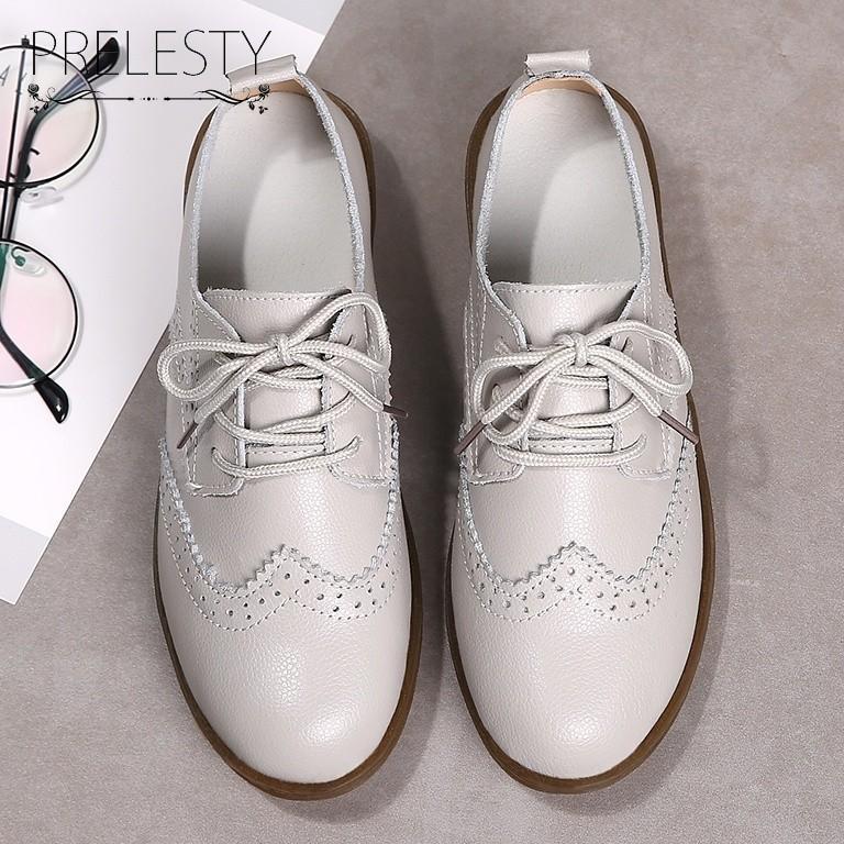 100% Kulit Asli Flat Shoes Cewek Oxford Sepatu Kerja Wanita Karet Flatshoes Wanita Cantik Casual Kek