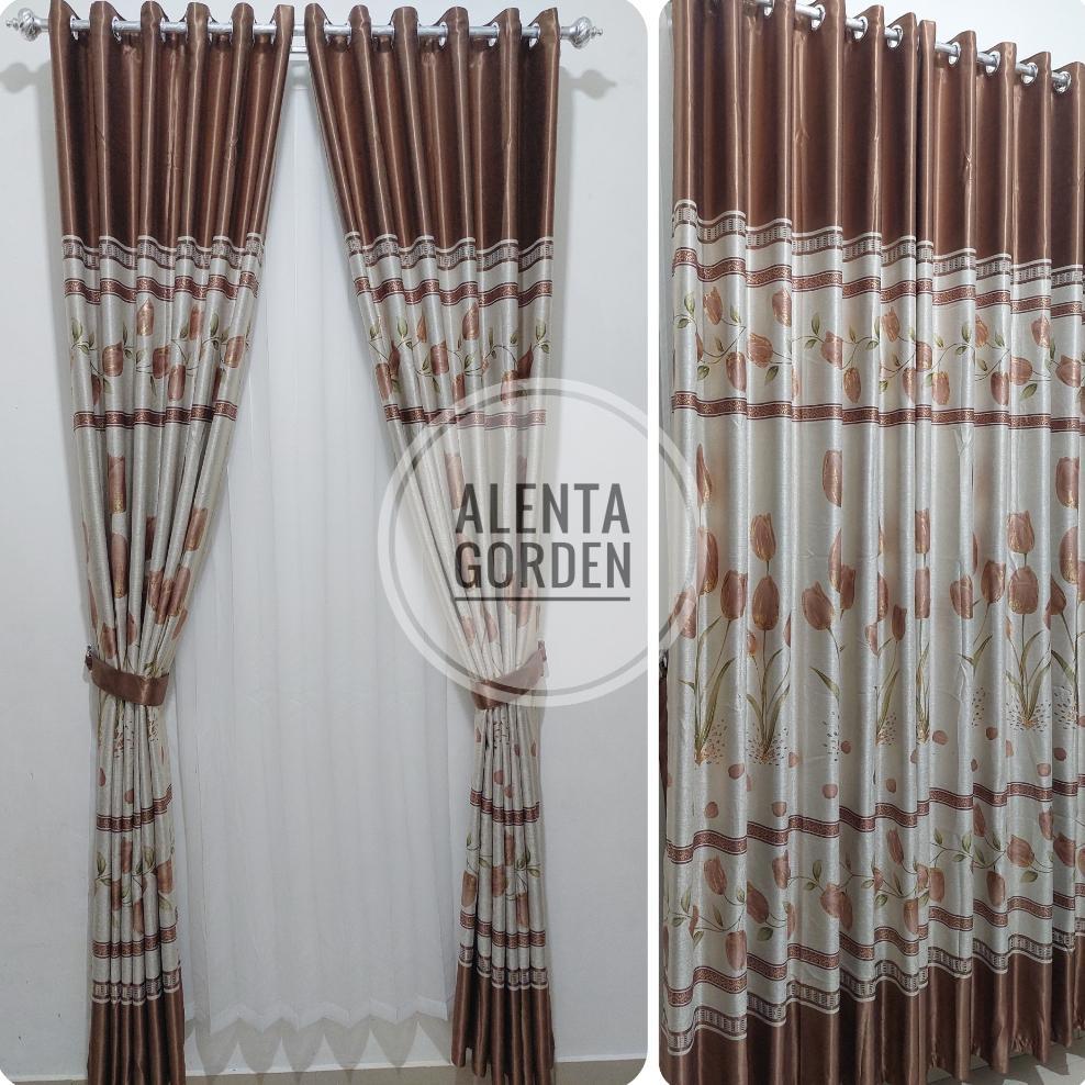 Gorden Jendela Pintu Blackout Import Motif Bunga Model Smokring 6 Gelombang Panjang 200Cm 250Cm