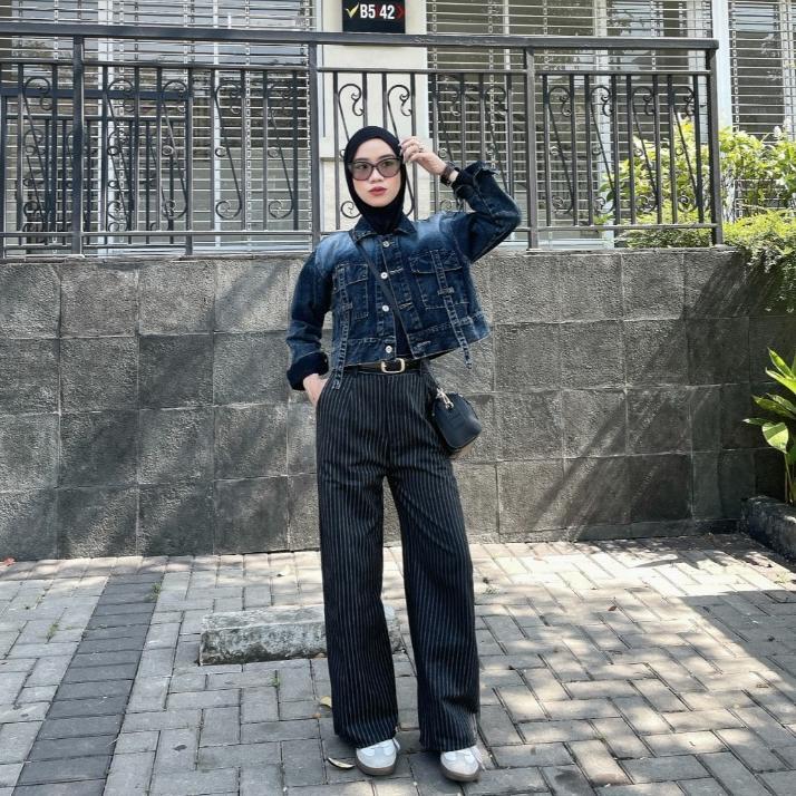 Exclusive Emweha Fuji Jaket Crop Jeans Denim Oversize Cewek Pocket Variasi Tali Denim