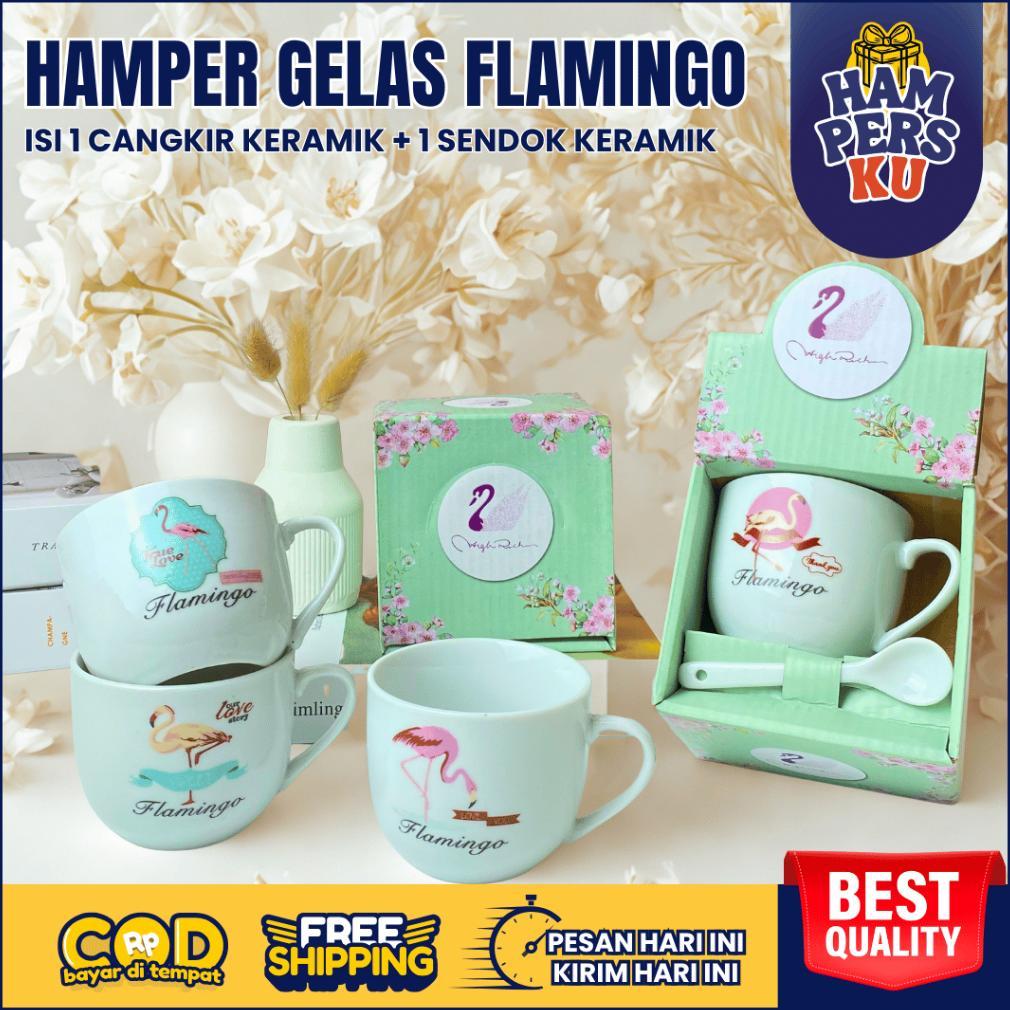 Diskon Hampers Gelas Kopi Keramik Set Sendok Motif Flamingo Couple Free Box Eksklusif Estetik Hamper
