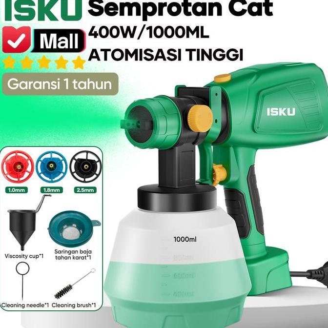 ISKU Spray Gun Elektrik 400W Tabung 1000ml Mesin Cat Semprot Listrik Tanpa Kompresor 3 Nozzle 1.0 1.