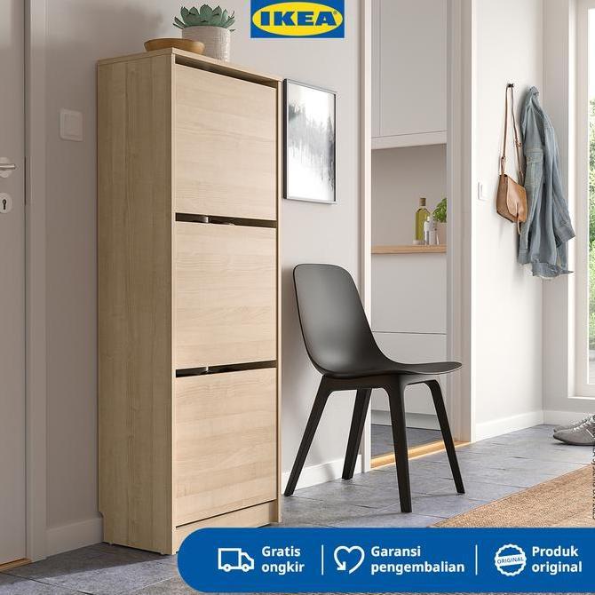 IKEA BISSA Rak Kabinet Sepatu Dengan 3 Kompartmen Efek Kayu Oak 49x28x135 cm   Furniture