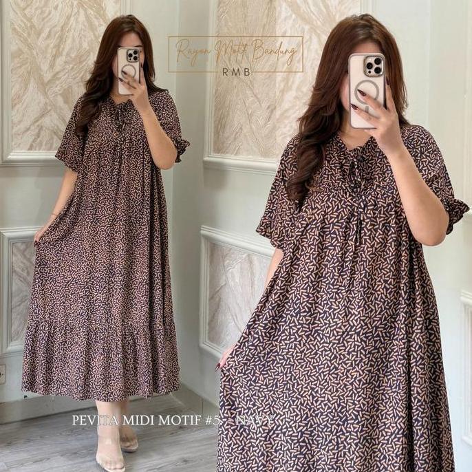 Pevita Midi Dress Rayon Bahan Katun Rayon Motif Premium Flowy Elegan Resleting Depan Busui Tangan Sa
