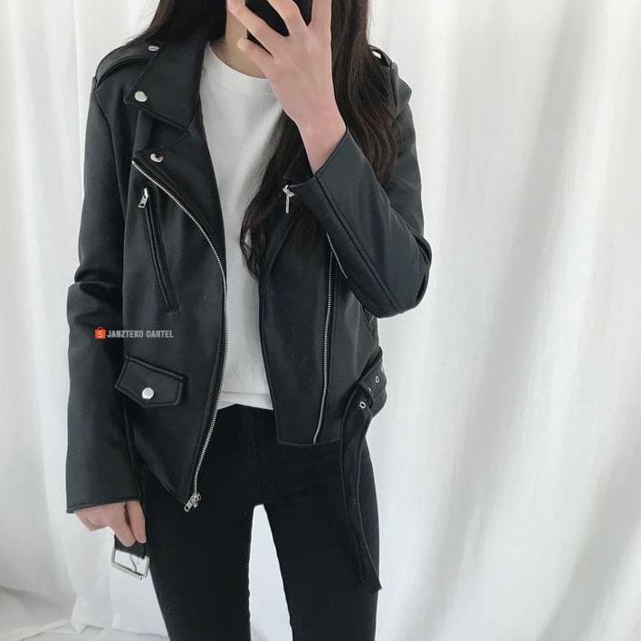 premium jnk x rms - jaket kulit wanita ramones changcuters korea blazer style punk women shirt black