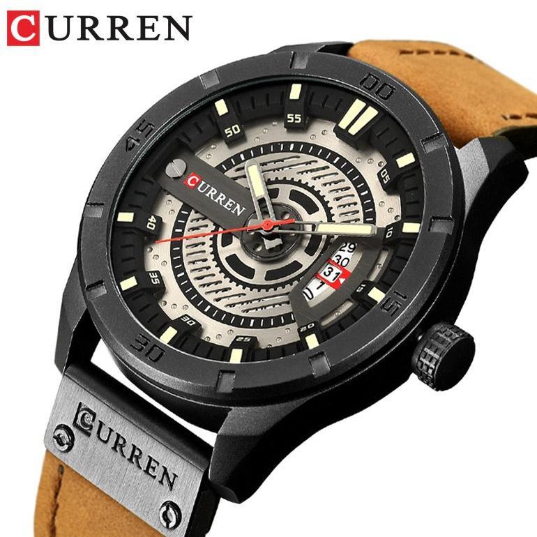 official curren 8301 jam tangan pria analog tali kulit chronograph aktif currenos