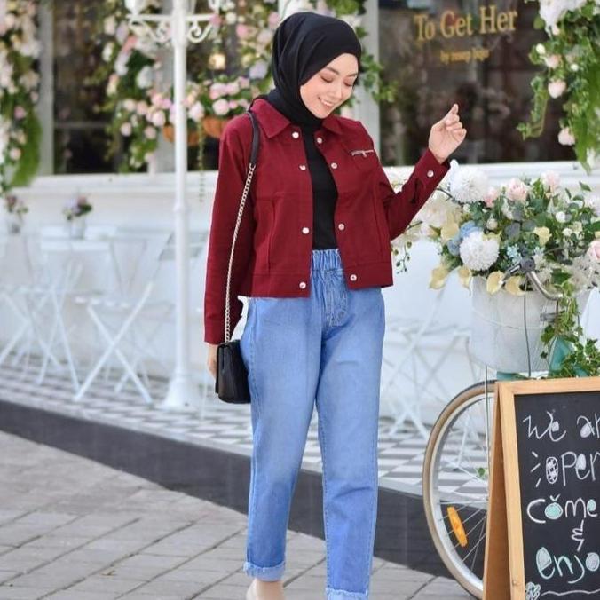JAKET POALN BABAY CANVAS WARNA MERAH MAROON L - XXXL / OUTER WANITA KOREAN STYLE TERBARU