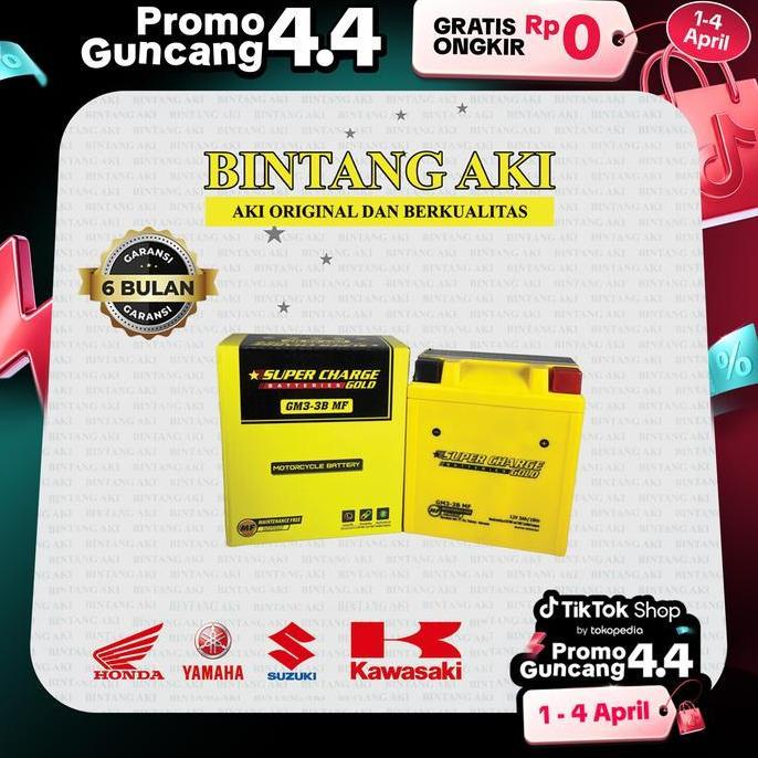 SUPERCHARGE GOLD GM3-3B 3AH Aki Kering Gel Motor Honda NSR 150, Yamaha RX King, Kawasaki Ninja 150 R
