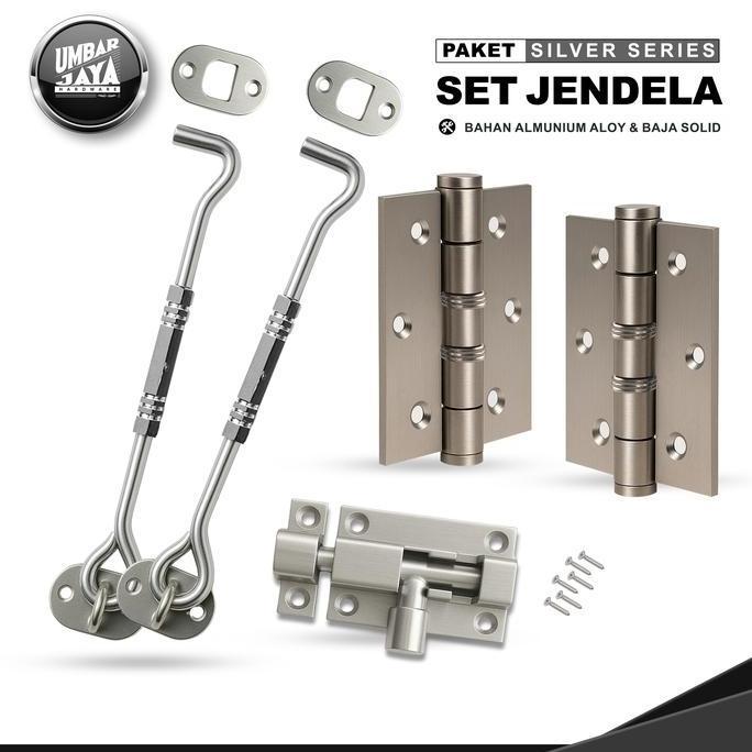 Paket Perlengkapan Jendela Kayu Alumunium & Baja Solid Satu set Engsel Slot Kunci Hak Angin Ramskar 
