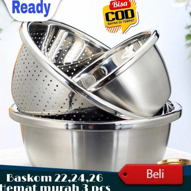 Baskom Stainless Pencuci Beras Baskom Cuci Sayur Baskom Saringan JS