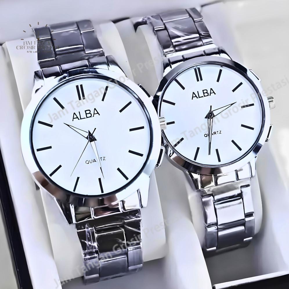Original Jam Tangan Couple Alba Full Hitam Dan Pria Wanita Premium Dengan Tali Rantai/Stell - Cocok 