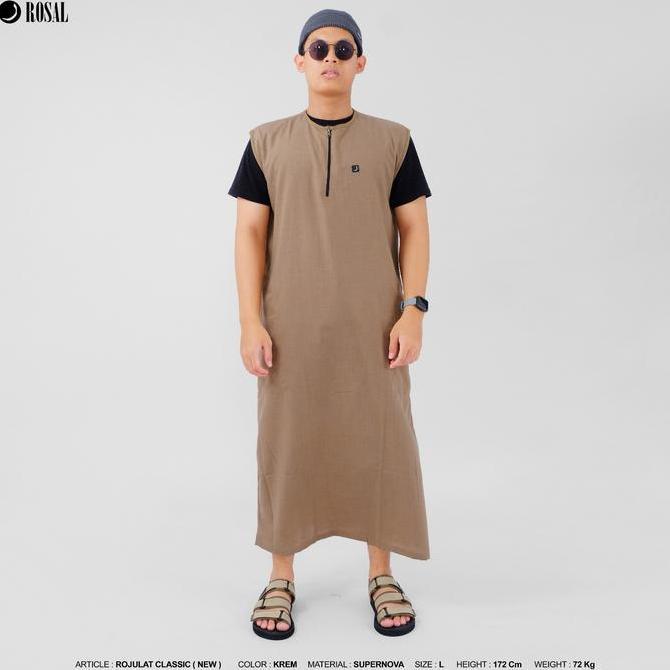 Rojulat Classic ROSAL Krem Rompi Sholat Pria Panjang Seperti Gamis Tanpa Lengan Bahan Baby Silk Nyam