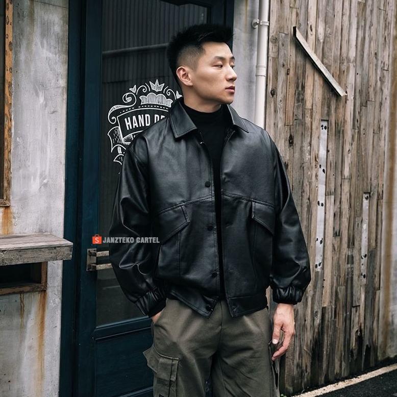 Official Jnk X Minjon - Jaket Pria Bomber Tactical Oversize Retro Bahan Semi Kulit Sintetis Viena Fa