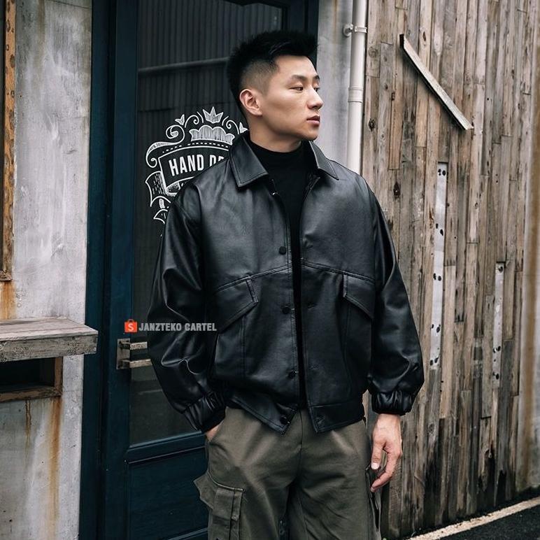 ORIGINAL JNK X MINJON - JAKET PRIA BOMBER TACTICAL OVERSIZE RETRO BAHAN SEMI KULIT SINTETIS VIENA FA