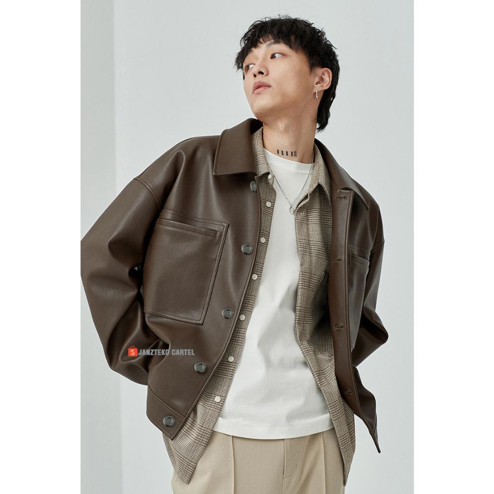 EXCLUSIVE JNK X MAURO - JAKET KULIT IMITASI PRIA HITAM COKLAT OVERISZE UKURAN BESAR LEATHER JACKET P