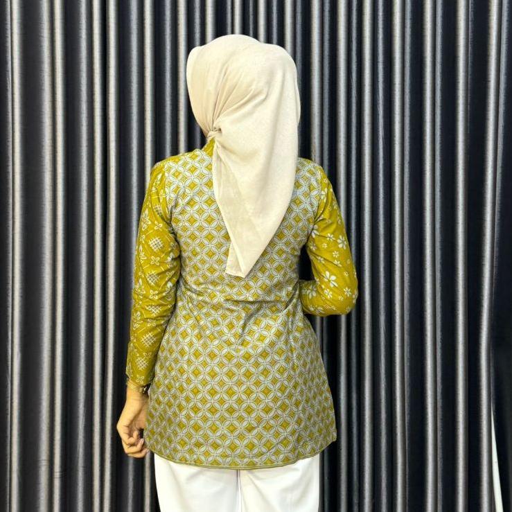 PAKET HEMAT TUNIK PENDEK BATIK WANITA LAPIS TRIKOT MOTIF ROMECCA LEMON - ATASAN KERJA WANITA KUNING 