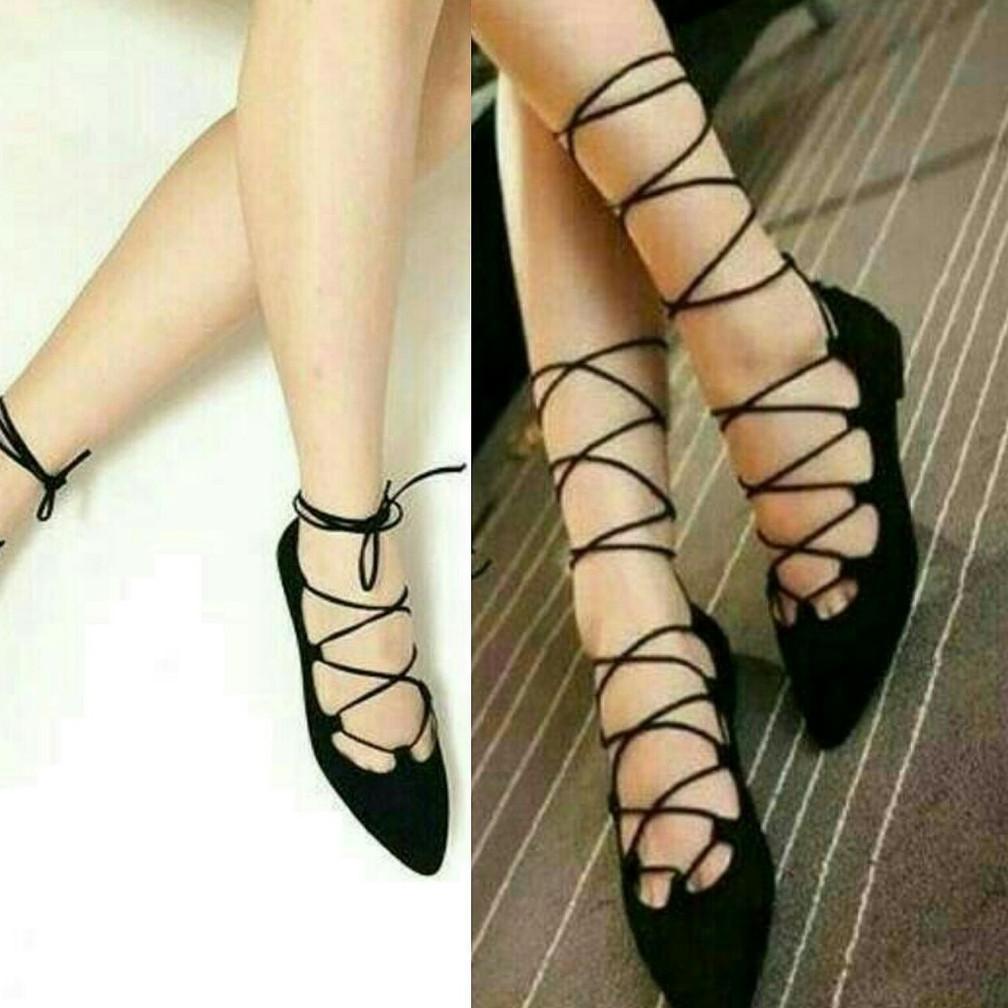 Grade Ori Alice - Real Pict Sepatu Flatshoes Wanita Sepatu Balet Casual Polos Tali Balerina Hitam