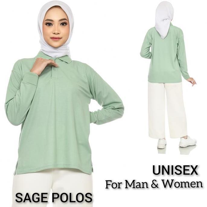 Kaos Polo Panjang Sage Polos / Baju Kaos Kerah Panjang Bordir Sablon Pria Wanita