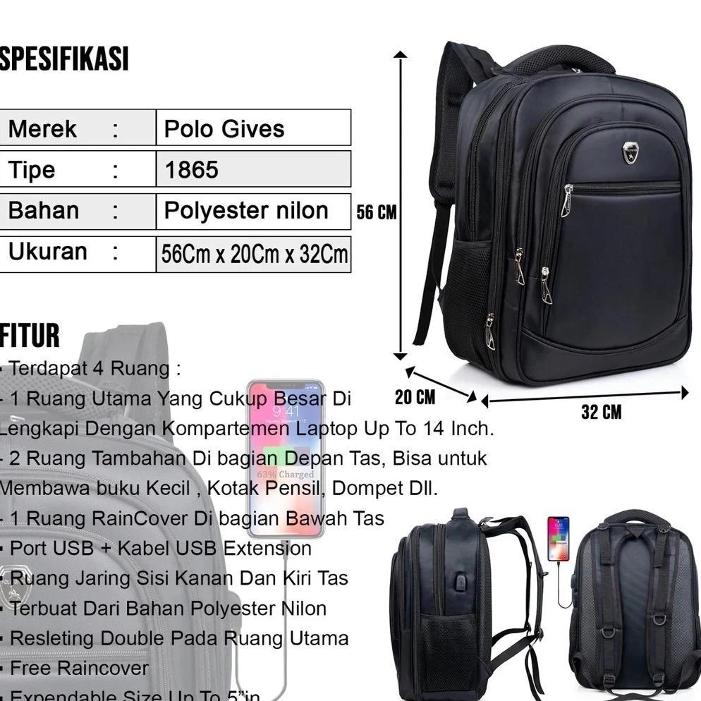 Sale Tas Ransel Polo Trands 74213 - 36L, Warna Hitam, Expandable, Free Rain Cover