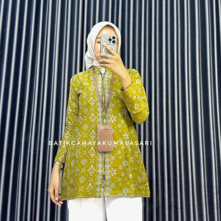 cuci gudang tunik pendek batik wanita lapis trikot motif romecca lemon - atasan kerja wanita kuning 