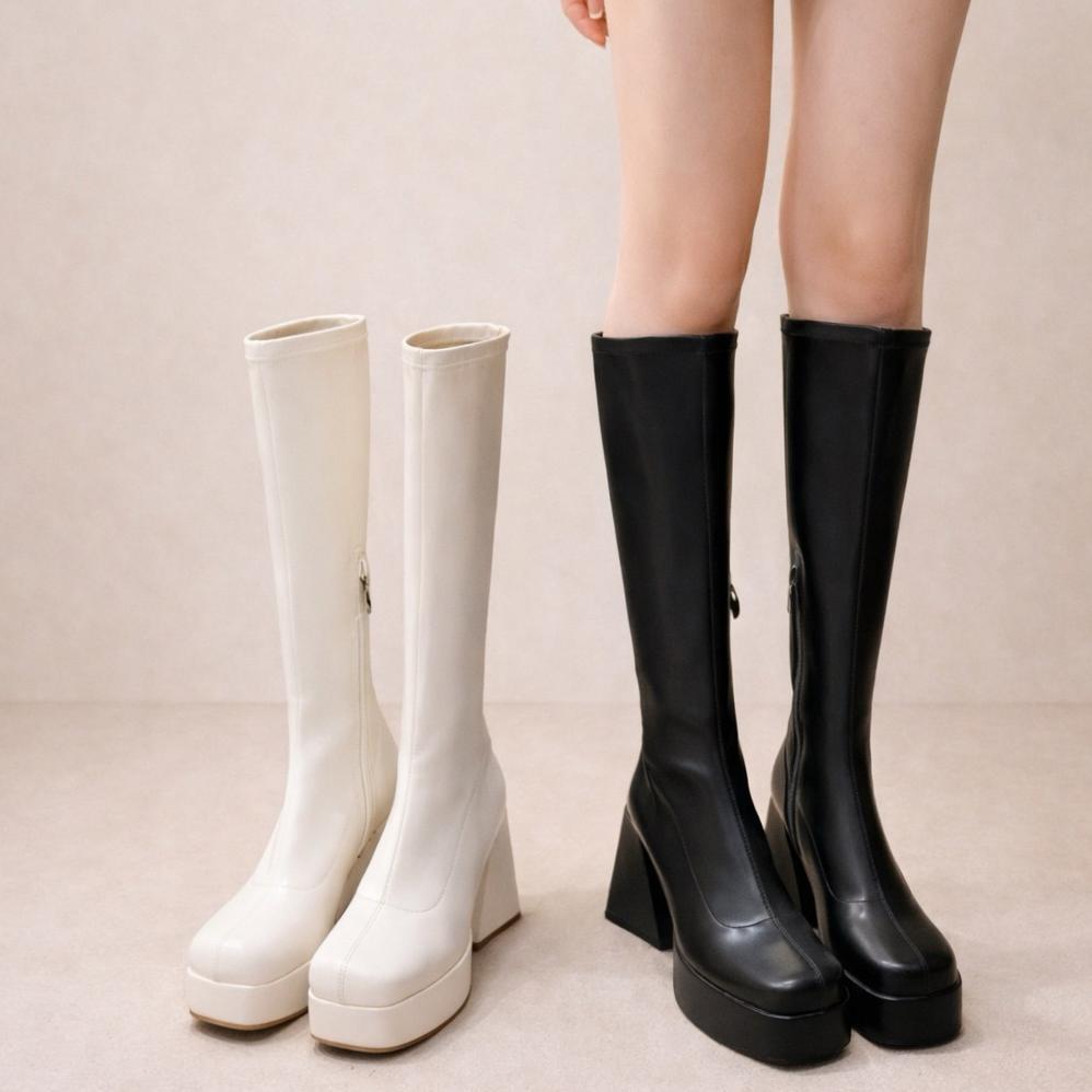 CUCI GUDANG PINKEY P295 Boots Panjang Wanita Heels 10cm Platform Hitam Putih