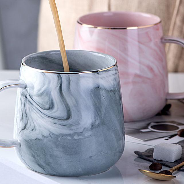 Ashome Gelas Minum Keramik Motif Marble Abu & Pink List Gold Elegant / Ceramic Mug Marble List Gold 