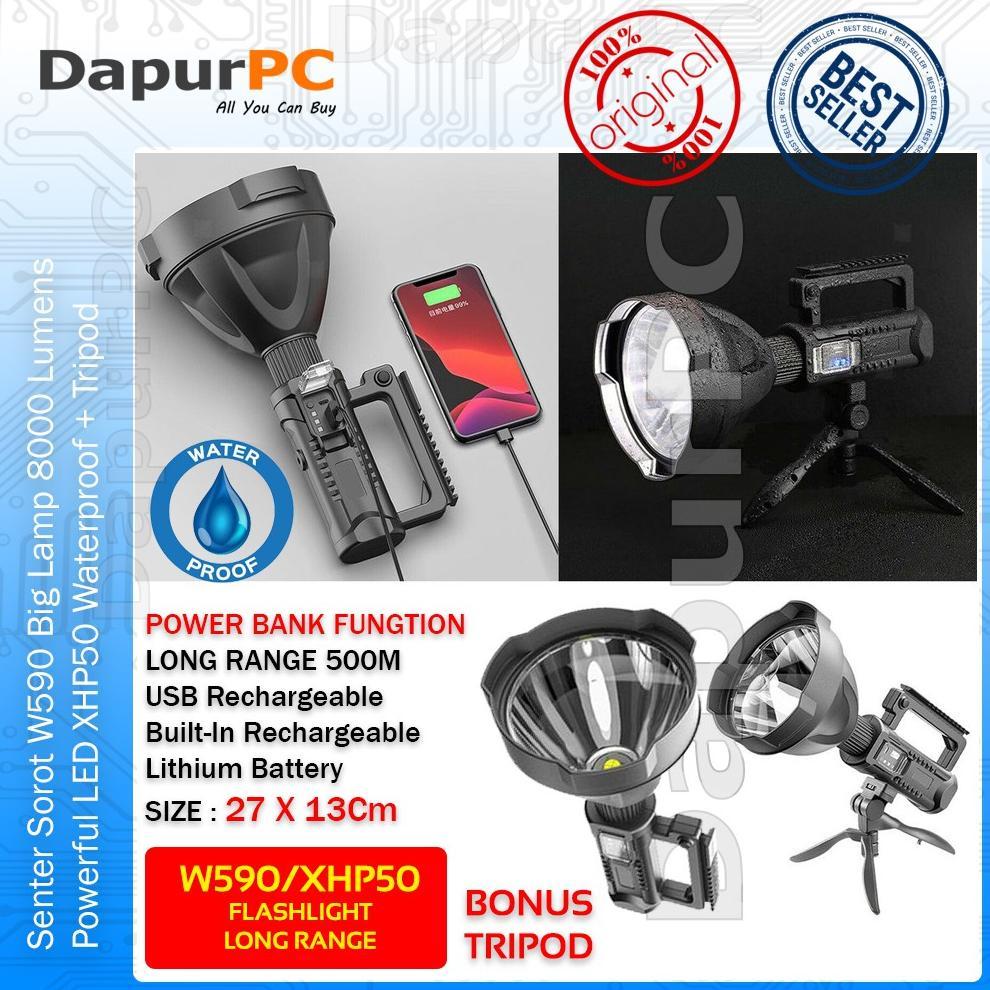 Senter Sorot W590 Big Lamp 8000 Lumens Powerful LED XHP50 Waterproof BonusTripod
