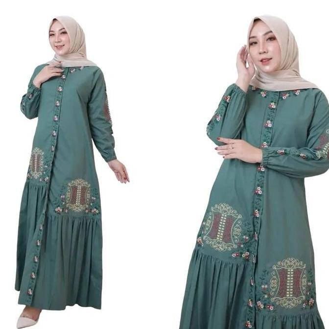 gamis bordir katun toyobo bordir fodo pintu aceh Muslim Wanita Baju Dewasa Panjang Dress Katun Polos