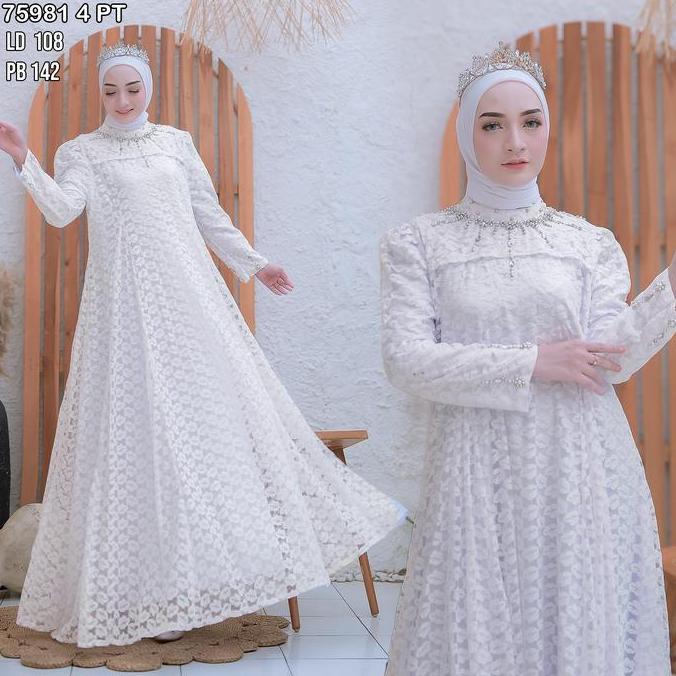 Gamis Brokat Tile Mutiara Motif Daun 75981 Baju Muslim Panjang Vima Mewah