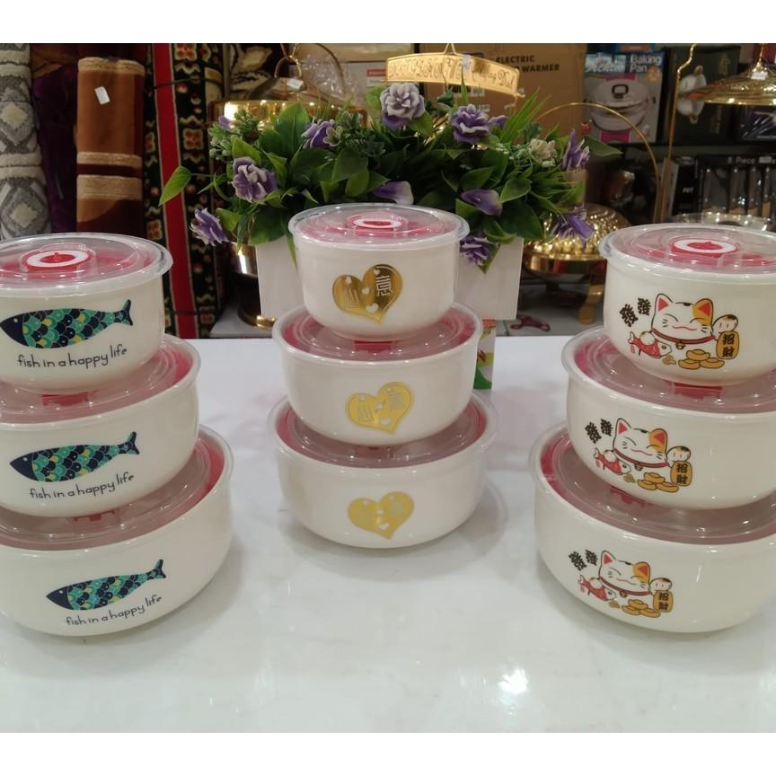 Set Mangkok Keramik 3In1 Bermotif Tutup Unik