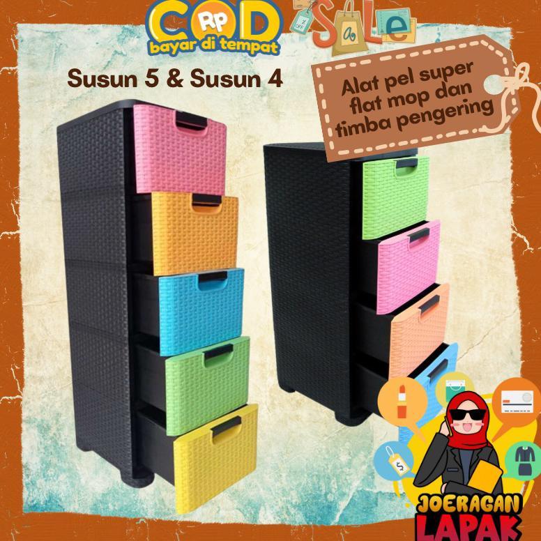 LEMARI LACI PLASTIK TRIVIA SUSUN 4 DAN 5 MOTIF ROTAN SOROKAN TARIK DORONG BOX CONTAINER BOX